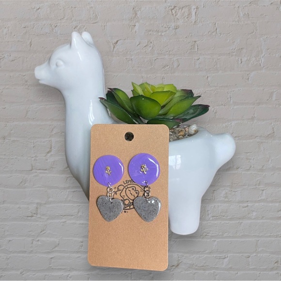 Handmade Rose Floral Themed Lavender Purple and Speckled Grey Heart Earrings - Picture 2 of 5